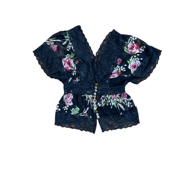 Vintage 90’s style sheer blouses floral & lace scarf retro fun navy green S Y2K - Picture 9 of 9